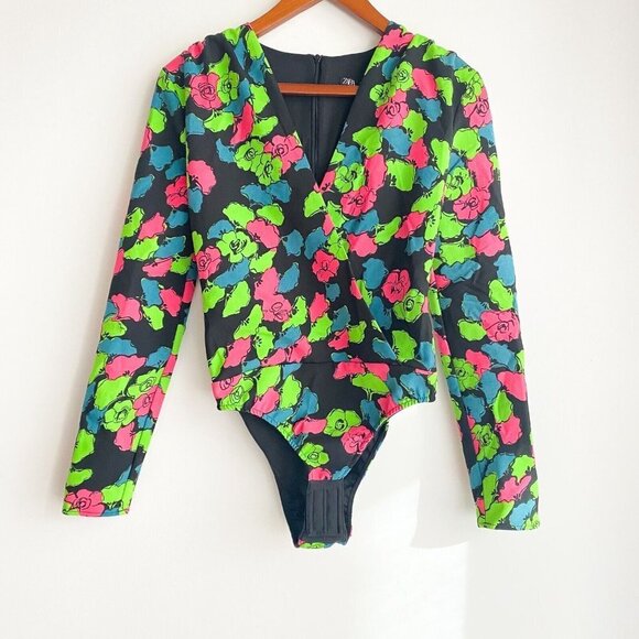 NWT Zara  Neon Colours Floral Long Sleeve Bodysuit XS - Picture 3 of 7